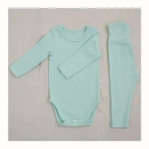 Baby mint green long sleeve bodysuit and high waist trousers set comfortable daily wear.