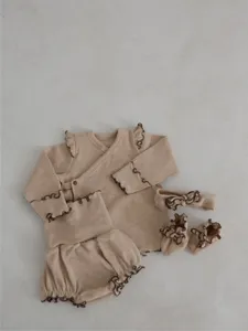 Infant ribbed cotton long sleeve top high waist shorts headband booties set neutral