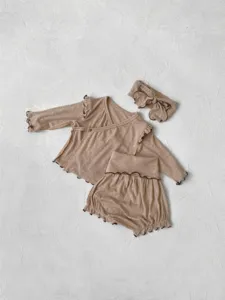 Infant long-sleeve cross collar top high waist shorts headband baby set clothing home wear