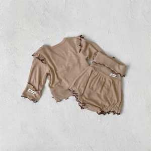 Baby long sleeve top and high waist shorts set, ruffles trim, comfortable infant autumn clothing.