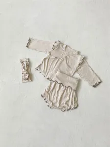 Cute baby long sleeve top high waist pants set with headband soft cotton infant autumn sleepwear