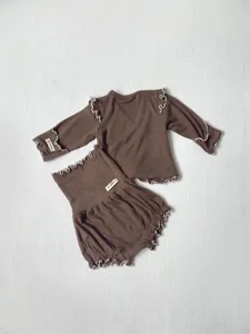 Infant baby brown long sleeve top and high-waist bloomers set with cute ruffles for autumn.