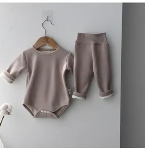 Baby bodysuit and high waist pants set, infant long sleeve thermal romper for spring wear.