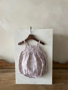 Baby girl summer vintage embroidered cotton strap romper infant cute breathable detailed view