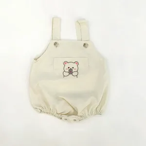 Cute baby cotton strap romper with adorable bear embroidery and shoulder buttons for infants.