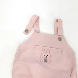 Cute pink baby overall romper with adorable cartoon rabbit embroidery and buttons. Soft fabric.