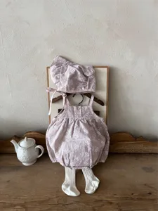 Baby girl vintage embroidered cotton strap romper set summer breathable cute infant clothing