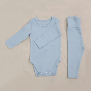 Light blue baby long sleeve romper and high waist pants set, soft spring infant clothing.