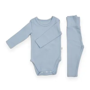 Cute baby long sleeve bodysuit and high waist pants set light blue main product view