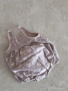 Infant baby girl vintage floral embroidered woven cotton strap romper summer bodysuit