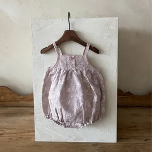 Baby Girls Summer Vintage Full Embroidery Woven Pure Cotton Strap Romper Infant Cute Floral Triangle Bodysuit