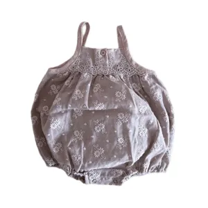Cute baby girl summer cotton strap romper with vintage white floral embroidery design.