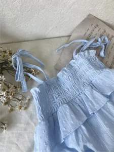 Gedetailleerd overzicht van lichtblauwe baby-meisjesromper met gesmockt lijfje en rokjurk.