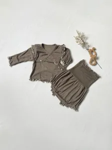 Infant baby long sleeve top high waist shorts set detail, ruffle edge ribbed knit sleepwear.