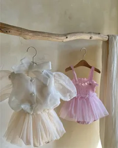 Adorable infant baby girl summer mesh tutu romper dress set with ruffles and bows for cute look.