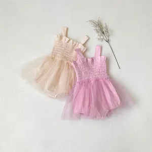 Baby girls summer romper dress sleeveless ruffled tulle princess bodysuit detail