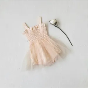 Baby girl summer smocked ruffle strap mesh tutu romper, cute infant princess bodysuit.