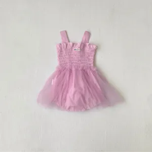 Baby girl summer sleeveless smocked tulle romper dress, cute pink infant princess bodysuit.