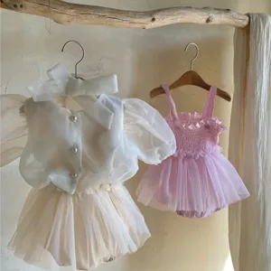 Infant baby girl summer mesh tutu romper set, cute puff sleeve top and strap dress for toddlers.