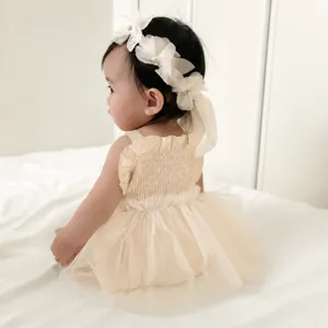 Baby infant girl summer smocked ruffle strap mesh romper princess dress with floral headband