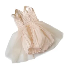 Baby girl summer smocked mesh tutu romper dress, cute pink infant princess bodysuit apparel.