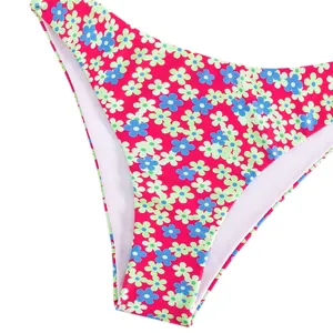 Gedetailleerd overzicht van hoogstijgend bloemen bikinibroekje in roze met blauwe en groene bloemen.