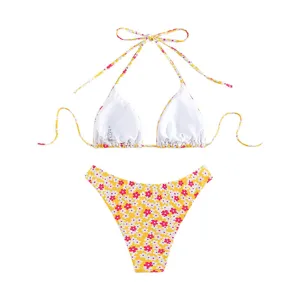 Dames bloemen bikini set hoge taille tweedelig halter triangel zwemkleding geel.
