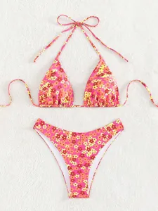 Sexy vrouwen roze bloemen print bikini set tweedelig hoge taille halter stijl badpak