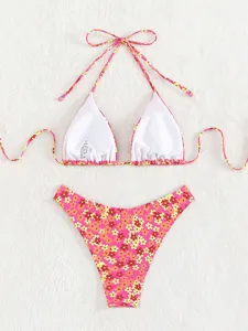Vrouwen roze bloemen bikini set tweedelige hoge taille zwemkleding strand detail