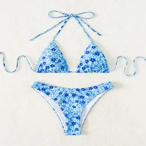 Vrouwen blauw bloemig bikini set tweedelige badpak schattige zwemkleding voor strand