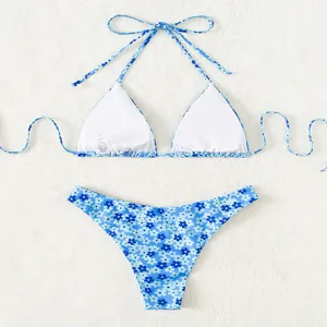 Vrouwen Blauw Bloemenprint Driehoek Bikini Set Sexy Hoge Taille Tweedelige Badmode