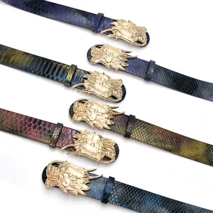Colorful punk style retro dragon head belt buckle men western cowboy leather belt detail