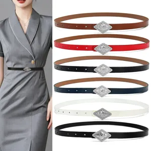 Women thin leather dress belt set with stylish rhombus metal buckle for autumn winter outfits.