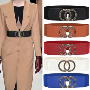 Wide elastic waist belt for women with stylish metal buckle, stretch cinch multi-color