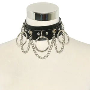 Punk PU leather choker necklace with metal O-rings and chains for edgy street style outfits.