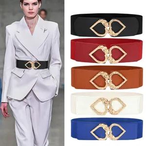 Wide elastic waist belt for women with metal heart buckle stylish dress cinch belt