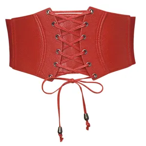 Roter breiter Korsettgürtel Detail, Schnürung vorne mit elastischem Bund und dekorativer Schleife.