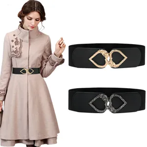Women's elastic waist belt with fashion heart metal buckle black dress coat cincher strap