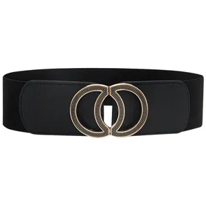 Women Fashion Wide Elastic Waist Belt Solid Color Faux Leather Metal Buckle Waistband For Dress Accessories