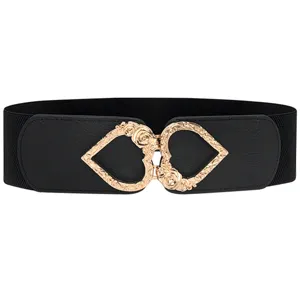 Women Fashion Elastic Cincher Belt Retro Heart Interlocking Buckle Wide Stretch Waist Band For Dress Shirt