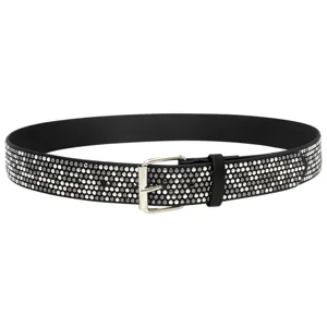 Detailed view of women fashion rivet leather belt, black studded design with silver buckle.