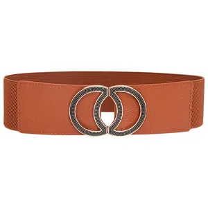 Brown elastic waist belt detail, featuring a metallic interlocking circular buckle design.