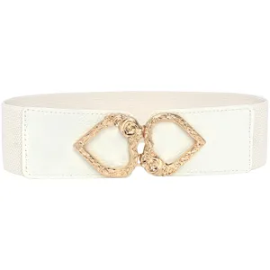 Close-up detail of elegant white elastic waist belt featuring gold interlocking heart buckle.