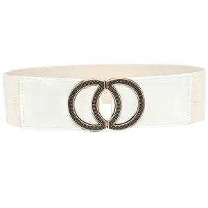 Detailed view of a white elastic waist belt, featuring a stylish interlocking metal buckle.