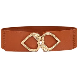 Brown elastic waist belt for women featuring a stylish gold heart shaped buckle design.