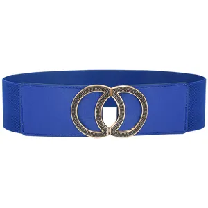 Women elastic stretch waist belt wide blue dress cincher with stylish metal double circle buckle