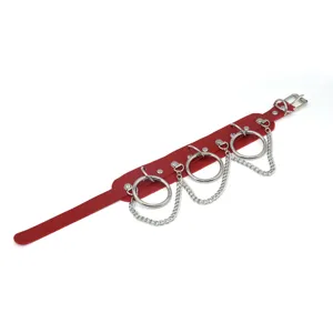 Red PU leather punk choker necklace with metal O-rings and chains for edgy street style look