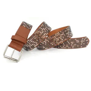 Women brown leather studded belt fashion casual metal pin buckle waist strap accessory