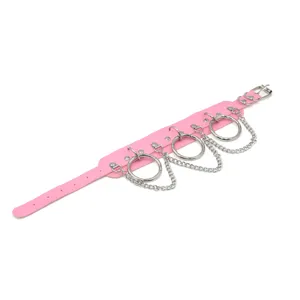 Pink PU leather punk choker necklace with O-rings and chains for edgy street fashion style