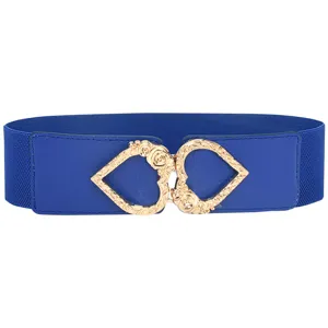 Blue elastic waist belt for women with stylish gold heart interlocking metal buckle design.
